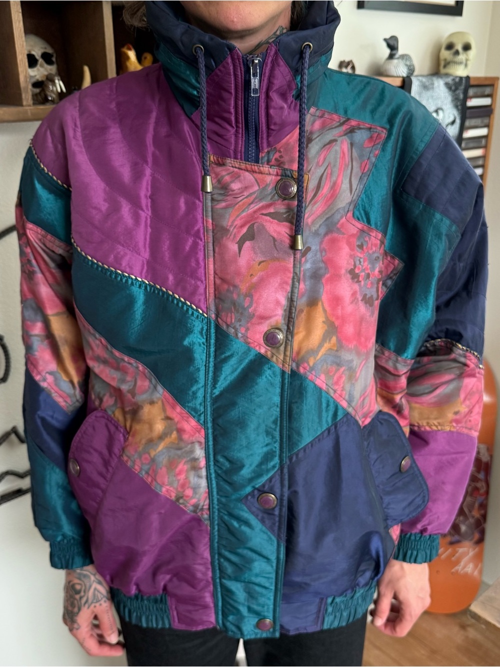 Vintage 80s 90s Multicolor Patchwork Floral Puffer Jacket ~ Size L